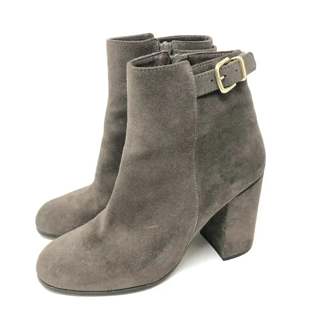 J Crew Barrett Ankle Boot Womens 6.5‎ Taupe Suede Chunky Heel Bootie Italy